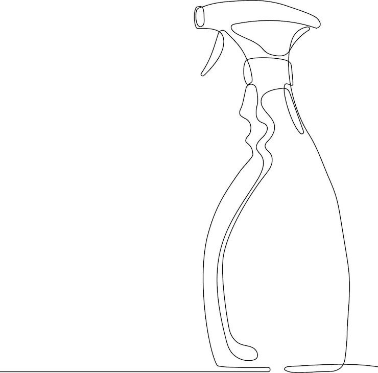 Vector un dibujo lineal de una botella de spray con la palabra "limpieza"