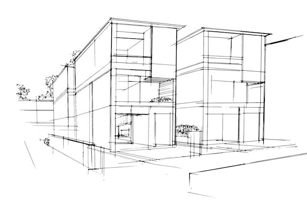 Dibujo lineal de casa adosada residencial diseño moderno ilustración vectorial 2d