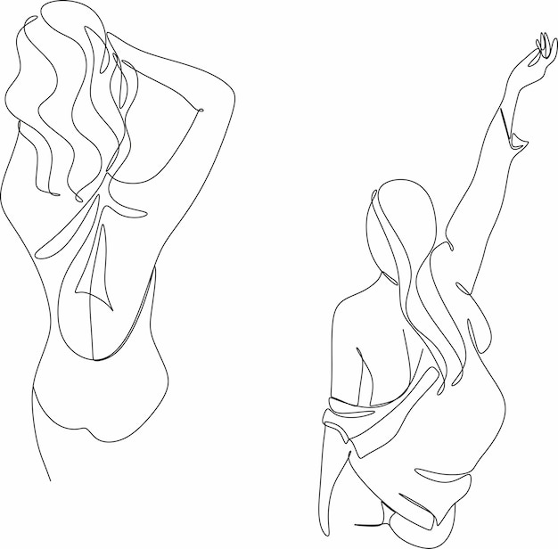 Vector dibujo lineal de una chica en traje de baño