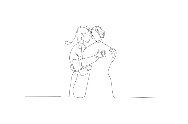 Dibujo lineal continuo de dos personas abrazándose dulce pareja abrazándose vector premium