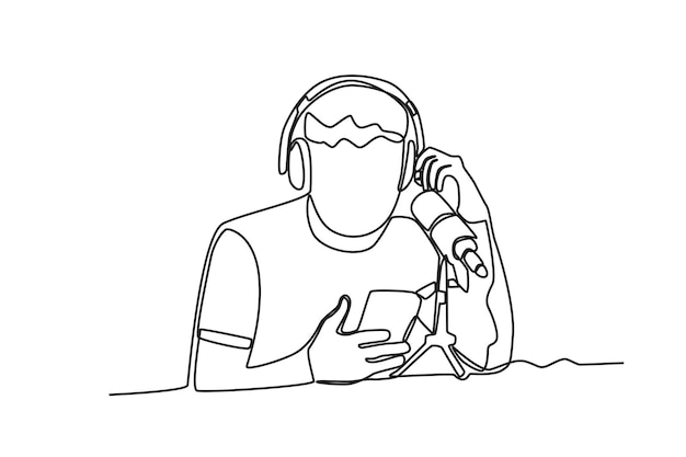 Un dibujo lineal continuo de un hombre está viendo un podcast grabado en su teléfono móvil.