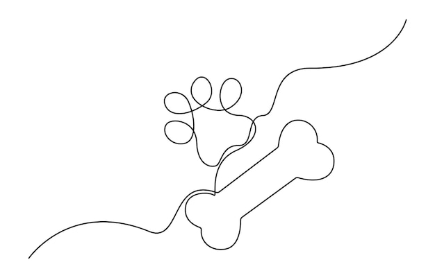 Dibujo lineal continuo de hueso humano. Dibujo lineal de hueso de perro. Fondo de dibujo de una sola línea