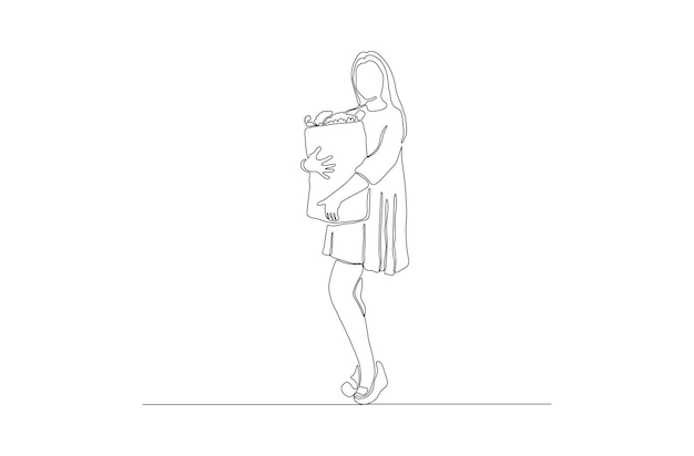 El dibujo lineal continuo de una mujer trae un concepto de compra de bolsas de papel ilustración Vector Premium