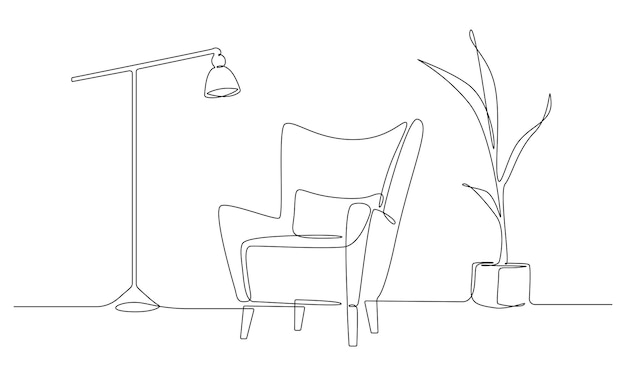 Un dibujo lineal continuo de sillón y lámpara y planta en maceta. Muebles con estilo para el interior de la sala de estar en estilo lineal simple. Ilustración de Vector de trazo editable.