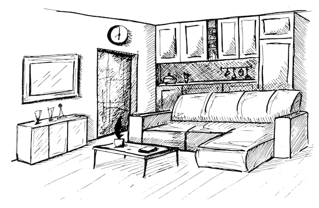 Dibujo lineal dibujado a mano de un plano de habitación interior Ilustración vectorial