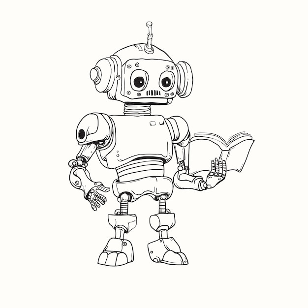 Vector dibujo lineal de dibujos animados en blanco y negro de un robot leyendo un libro