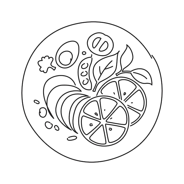 Dibujo lineal de ensalada en un plato