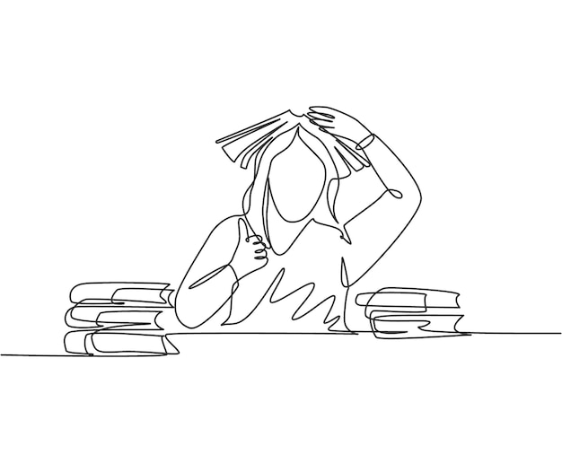 Un dibujo lineal de una estudiante aburrida leyó una pila de libros en la biblioteca y se puso el libro en la cabeza