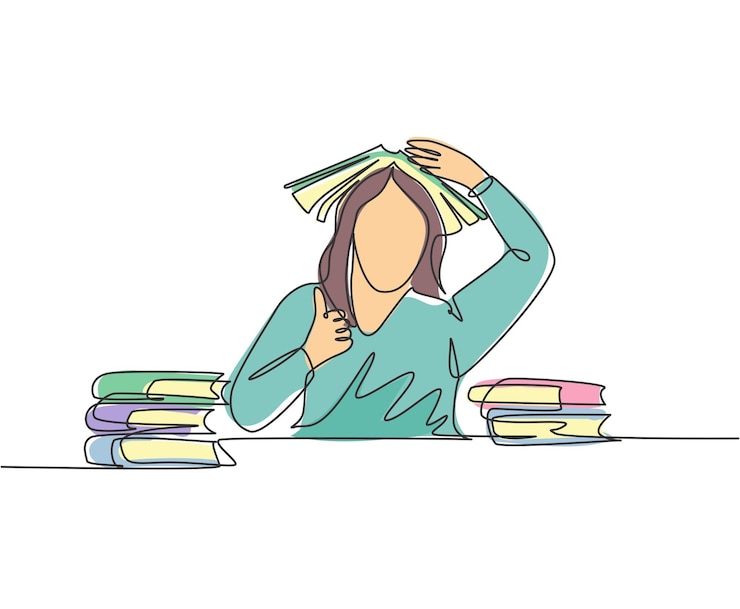 Vector un dibujo lineal de una estudiante aburrida leyó una pila de libros en la biblioteca y se puso el libro en la cabeza