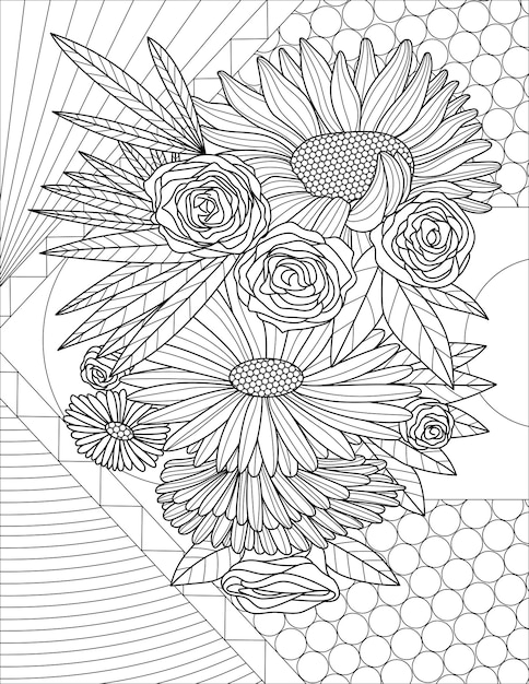 Dibujo lineal de flores variadas con idea de libro para colorear de fondo geométrico