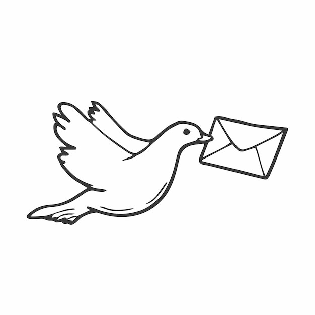 Dibujo lineal de garabato de una paloma mensajera voladora que lleva correo