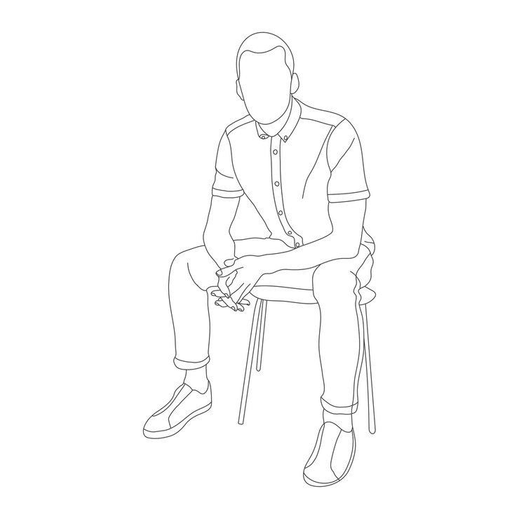 Dibujo lineal de hombres sentados en una silla Líneas negras sobre ilustración de fondo blanco