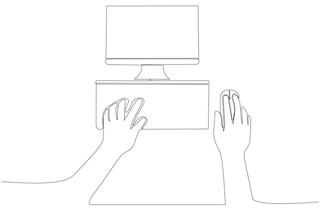Dibujo lineal de mano masculina humana sosteniendo una prima de vector de computadora portátil