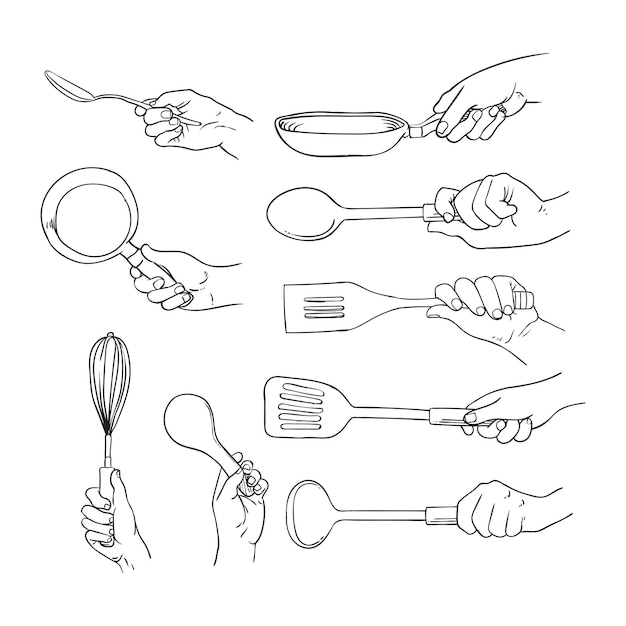 Dibujo lineal de una mano sosteniendo un utensilio de cocina