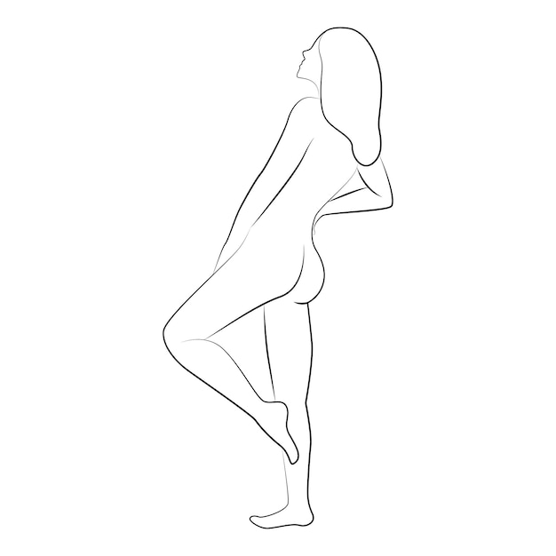 Dibujo lineal de mujer desnuda posando ilustración vectorial Joven mujer desnuda dibujando desde atrás