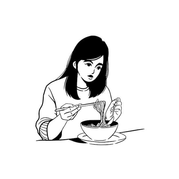 dibujo lineal mujer joven comiendo fideos. Diseño minimalista con simplicidad dibujada a mano.