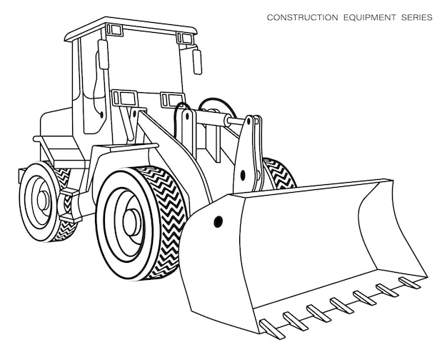 Dibujo lineal para niños para libro de colorear. Cargador de equipos de construcción, excavadora en lineal. Maquinaria y equipos industriales. Vector aislado en blanco