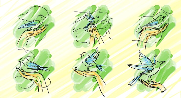 Vector dibujo lineal de pájaros a mano libre ilustración alas de libertad volando