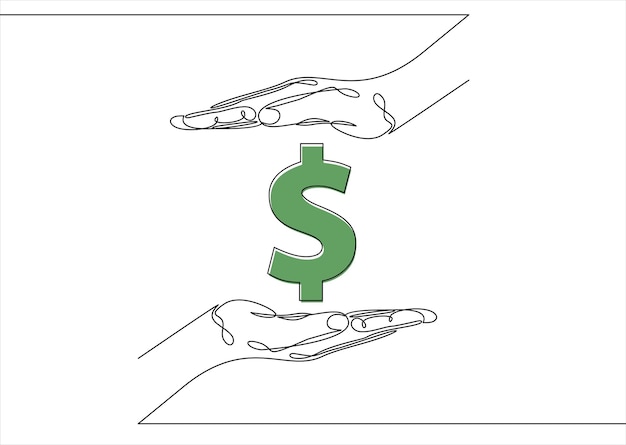 dibujo lineal de un signo de dólar entre dos manos humanas. ilustración vectorial