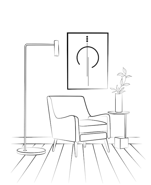 dibujo lineal de un sillón y una mesa con un jarrón con una planta. Muebles de estilo escandinavo i