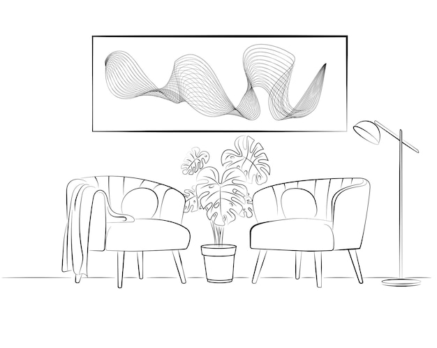 dibujo lineal de un sillón y una mesa con un jarrón con una planta. Muebles de estilo escandinavo i