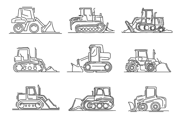 Un dibujo lineal de tractores con las palabras bulldozer en la parte inferior.