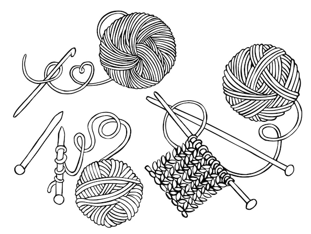 dibujo lineal vectorial sobre el tema de tejer bolas de costura de agujas de tejer de lana