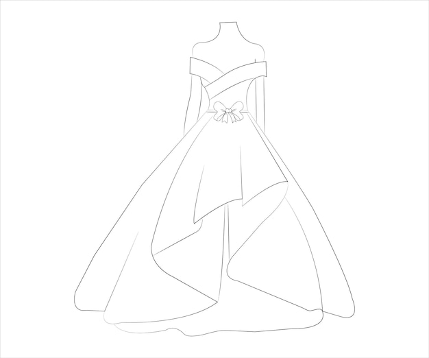 Un dibujo lineal de un vestido con un vestido de novia.