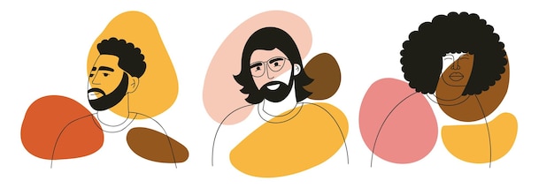 Dibujo de líneas abstractas retrato estético hombre con peinado elegante Concepto minimalista con chico moderno y diverso Conjunto de caras masculinas diferentes de moda Ilustración lineal mínima vectorial