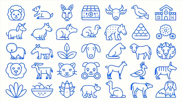un dibujo de líneas azules de animales y animales