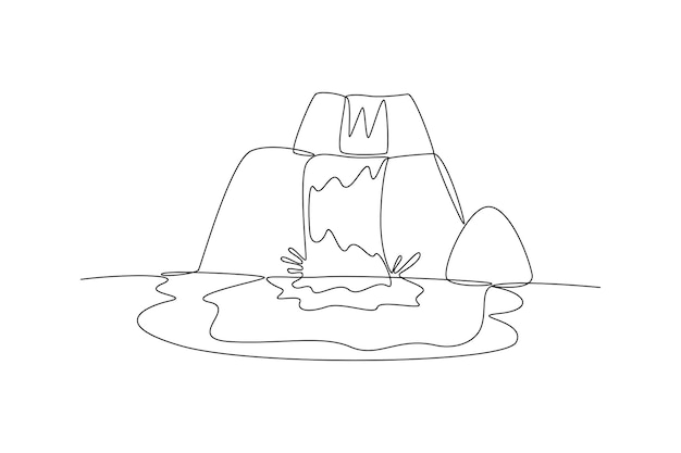 Un dibujo de líneas continuas de árboles y nubes de hierba de montaña Concepto de naturaleza