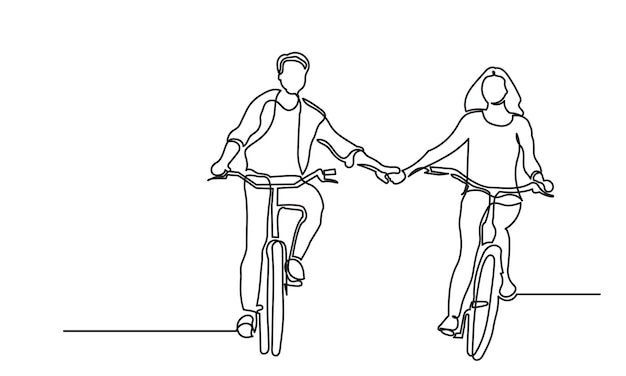 Dibujo de líneas continuas de parejas felices montando bicicletas y ciclismo con un estilo de vida saludable
