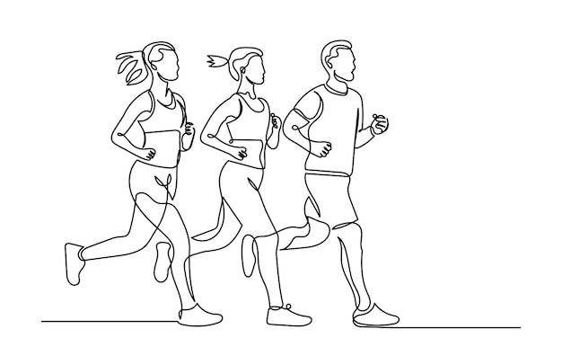 Dibujo de líneas continuas de tres hombres y mujeres adultos jóvenes corriendo Line art Amigos maduros