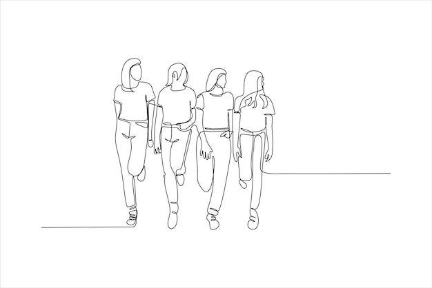 dibujo de líneas continuas de tres mujeres caminando juntas