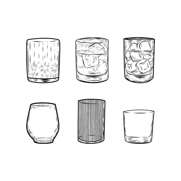 Dibujo de líneas de copas de whisky aisladas sobre un fondo blanco