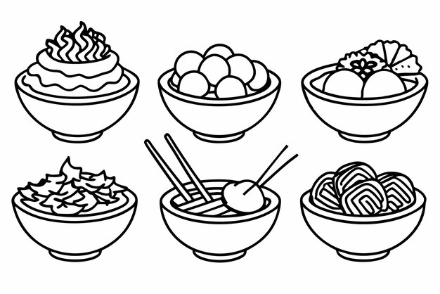 un dibujo de líneas de cuencos de alimentos, incluidos fideos y fideos