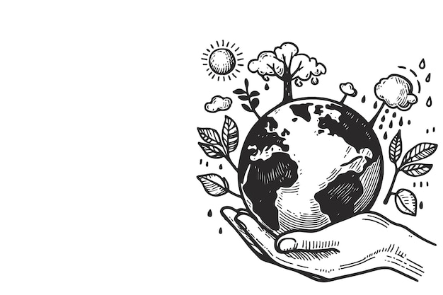 dibujo de líneas de manos sosteniendo globo tierra o planeta tierra con planta de crecimiento Mundo Plantas Salvar el mundo