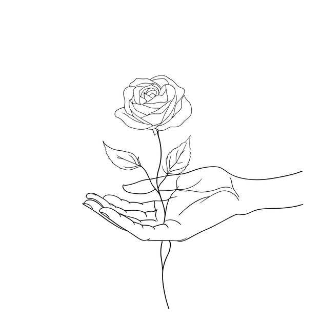 Dibujo de líneas minimalistas de manos sosteniendo una rosa