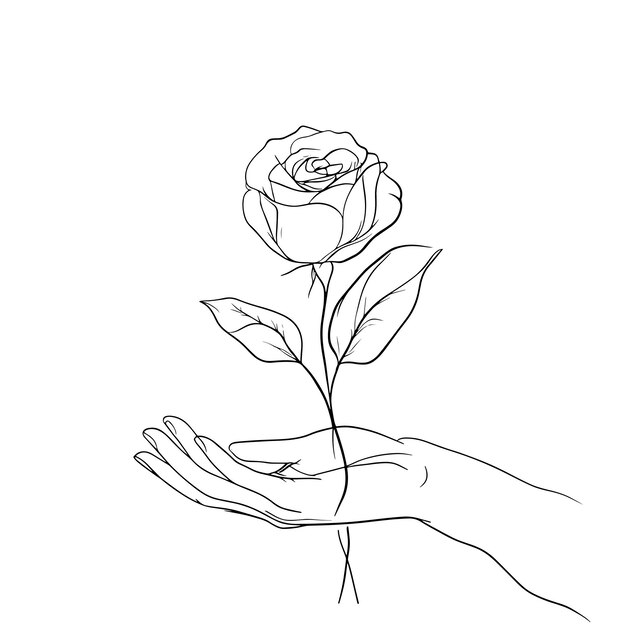 Dibujo de líneas minimalistas de manos sosteniendo una rosa