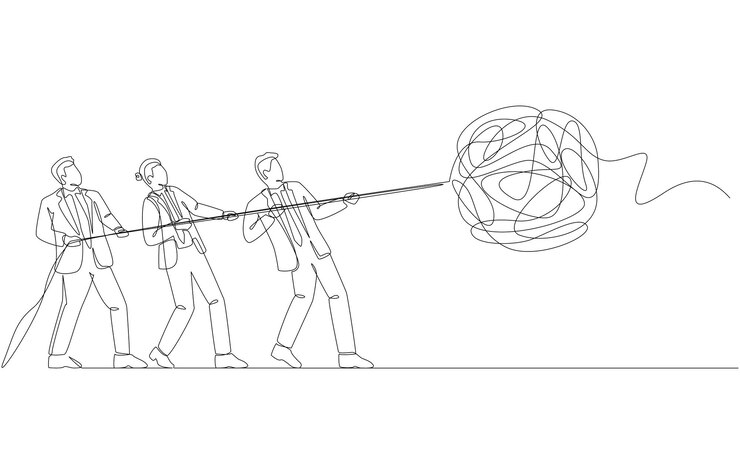 Vector un dibujo de líneas de personas de negocios desentrañando cuerdas enredadas trabajo en equipo para resolver problemas complejos