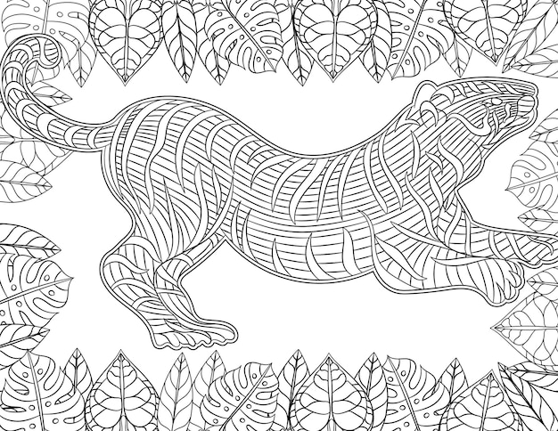 Dibujo de líneas de tigre rodeado de marco de flores para un libro de colores detallado