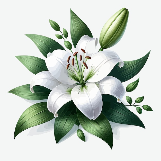 un dibujo de un lirio con hojas verdes y una flor blanca con estambres rojos