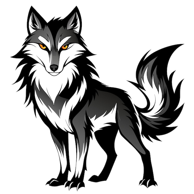 un dibujo de un lobo con ojos naranjas y una cola negra