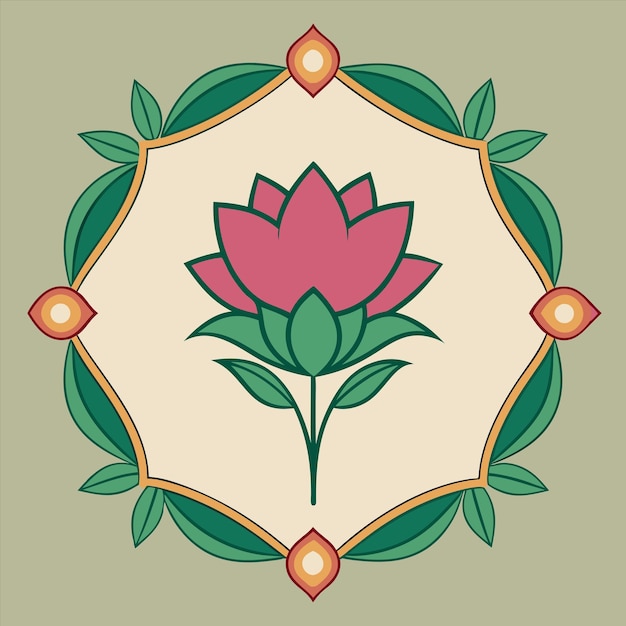 un dibujo de un loto rosa con hojas verdes y un fondo verde