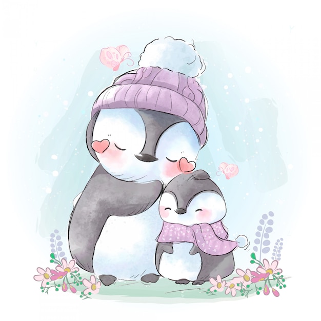 Dibujo de la madre y el hijo de un pingüino conectado en el clima frío del invierno que se avecina.