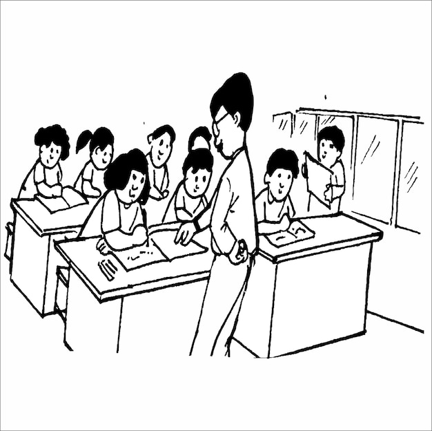 un dibujo de un maestro y un niño en un aula con un dibujo a lápiz de un maestro