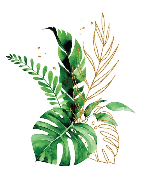 dibujo a mano acuarela composición de ramo de hojas tropicales hojas doradas y verdes de palma