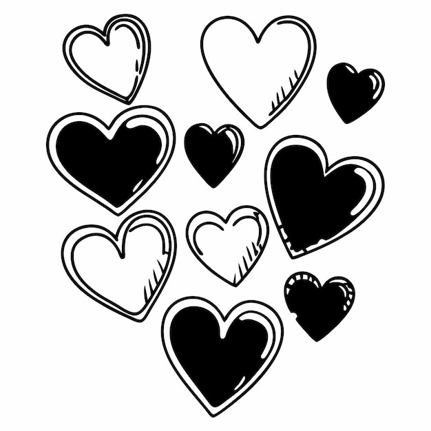 Dibujo a mano al estilo de Doodle Dibujos en blanco y negro de corazones Ilustración vectorial aislada