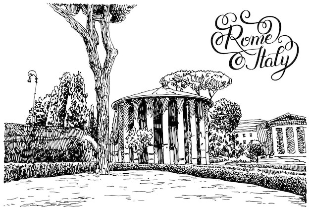 Dibujo a mano alzada en blanco y negro del famoso paisaje urbano de Roma Italia con letras a mano