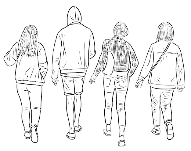 Dibujo a mano alzada de estudiantes amigos caminando al aire libre